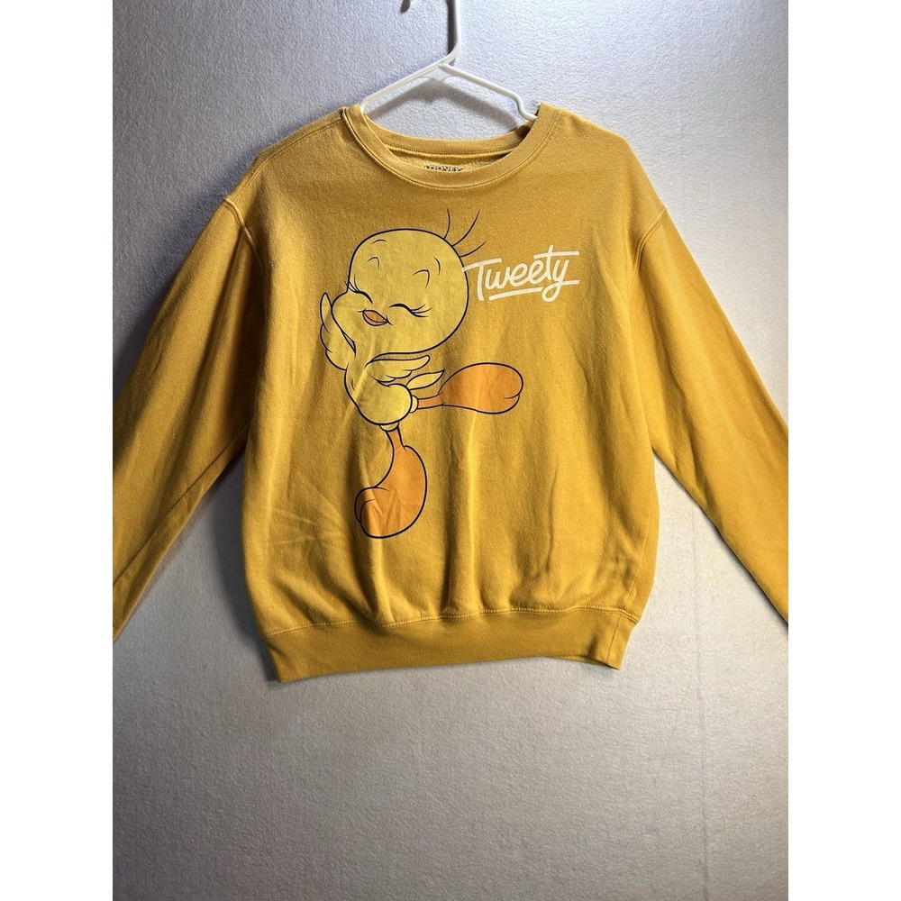Looney Tunes Tweety Yellow Graphic Print Fleece Crewneck Pullover Sweatshirt S